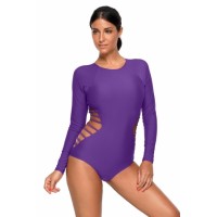 Dark Purple Long Sleeve Strappy Hollow-out One-piece Surf Swimsuit